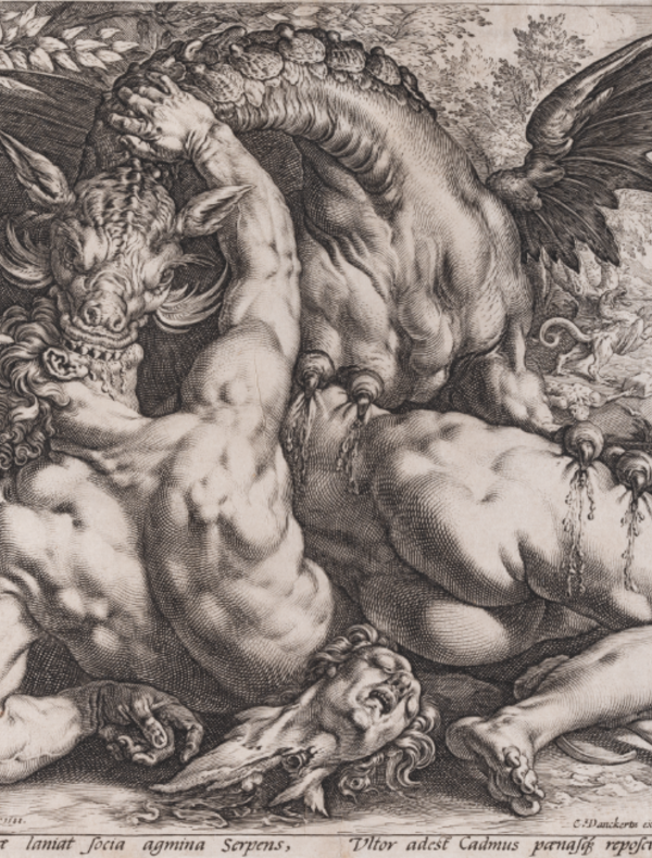 Hendrick Goltzius d’après Cornelis van Haarlem, Le Dragon dévorant les compagnons de Cadmus, 1588, burin sur papier vergé filigrané. Musée Jenisch Vevey – Cabinet cantonal des estampes, collection de l’État de Vaud © Musée Jenisch Vevey – Cabinet cantonal des estampes, collection de l’État de Vaud, photo Julien Gremaud