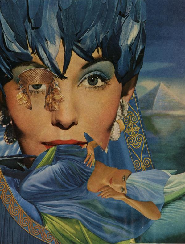 A collage of a woman's face with feathers and a pyramid in the background.