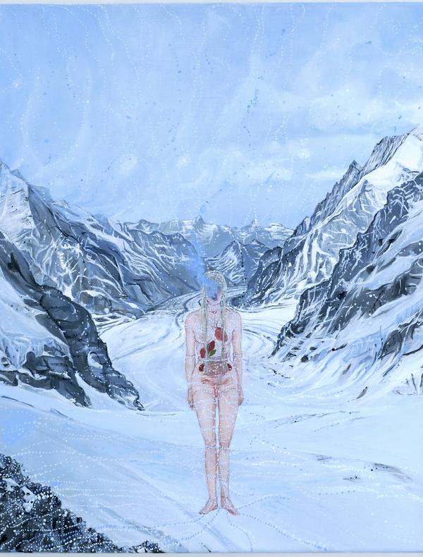 Ylva Snöfrid “ The B ody with O rgans, Cosmos Vanitas, Jungfrau joch , After Noon ”, 2023 - 24 , Oil on canvas , 47 x 41 cm