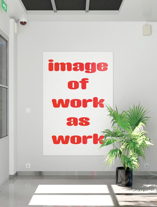 image de la maba retravailler par l'artiste Christophe Gaudard. Cette image montre un des couloir de la MABA modifier. L'artiste a rendu les murs d'un blanc presque eclatant. Il y a egalement agouter une plante et une affiche blanche avec ecrit en rouge " images of work as work". 