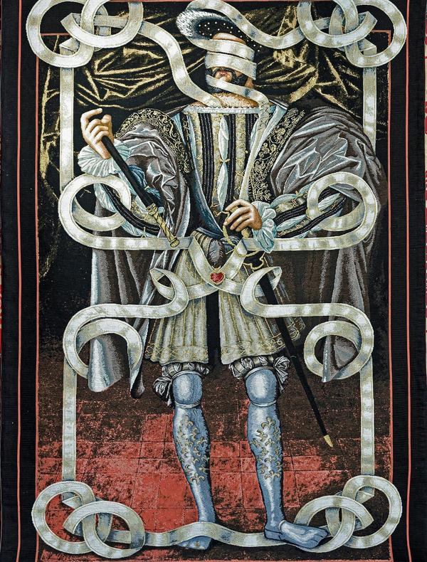 Tapisserie représentant François 1er entravé dans des bandelettes blanches