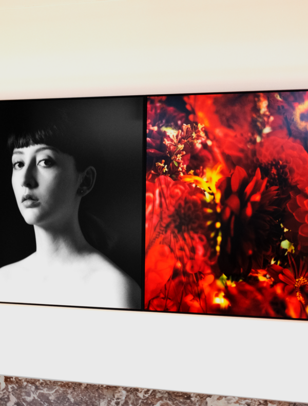 Marie-Jo Lafontaine, L’Art lave notre âme de la poussière du quotidien, 2023, photographies, Diasec, cadre en chêne poli et monochromes (huile sur MDF poli), 150 x 347 cm