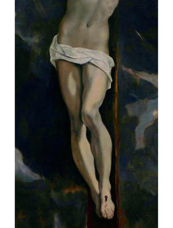 Jacqueline Salmon, photographie du buste et des jambes du Christ adoré par deux donateurs du Greco, 1595, exposé au Louvre. La photographie permet de voir plus en détail le périzonium du Christ.