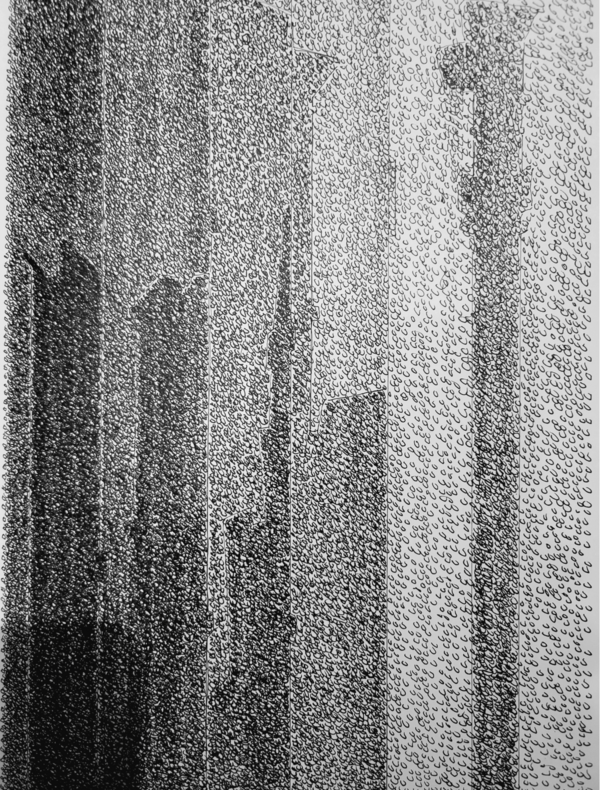 Demeure, encre sur papier, de Jacques Chaverot, 2024-2026. Des bâtiments atteignant le ciel se dessinent dans les mouvements arrondis de l'encre. Ces cercles d'encre contribuent à créer des formes géométriques grâce à leur superposition sur le papier.