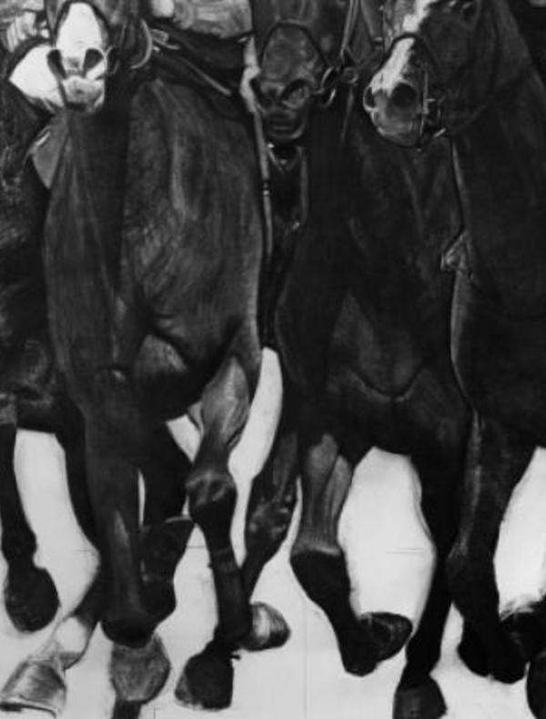 JoÃ«l Person, Les chevaux de l'apocalypse 2 et 3, 2020, fusain sur papier. Collection de l'artiste Â© Frederic Fontenoy