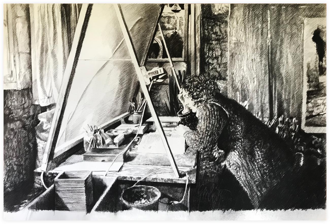 Catalogue raisonné, Claude Grobéty, Assis devant bureau rouge, écran - 1983