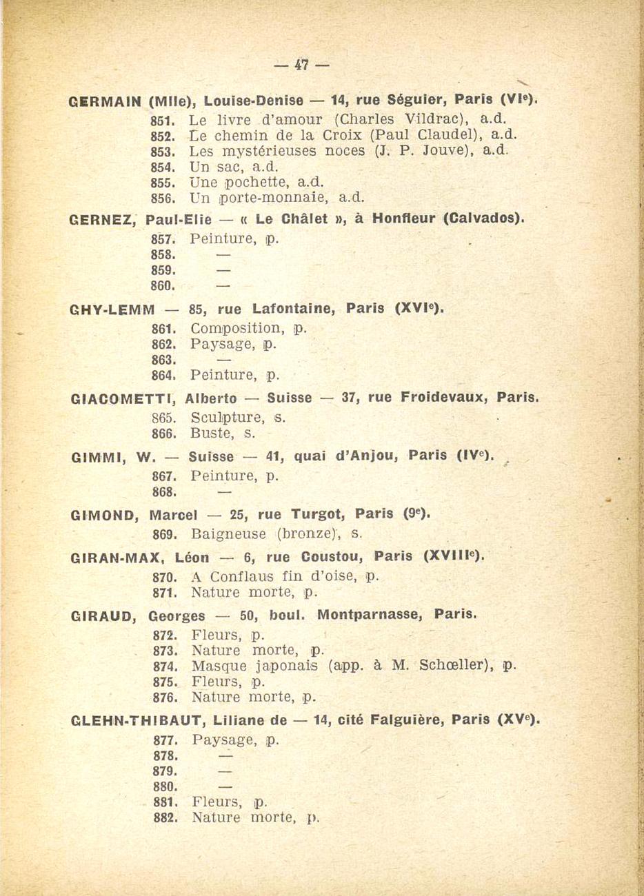 Catalogue Salon 1926 lettre G(Giacometti)