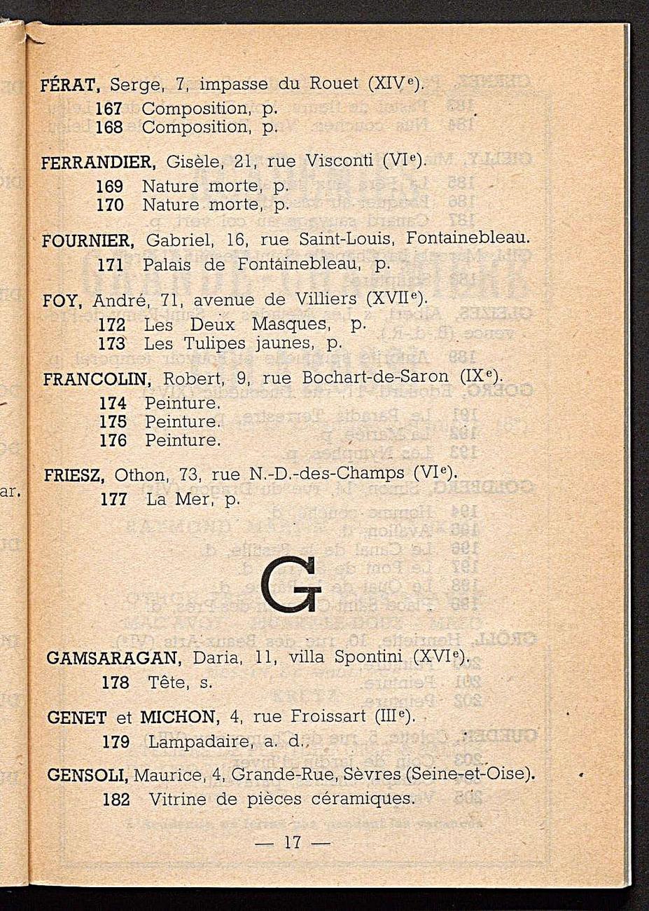 Catalogue Salon de Tuileries 1948 à la lettre G (Gamsaraga)