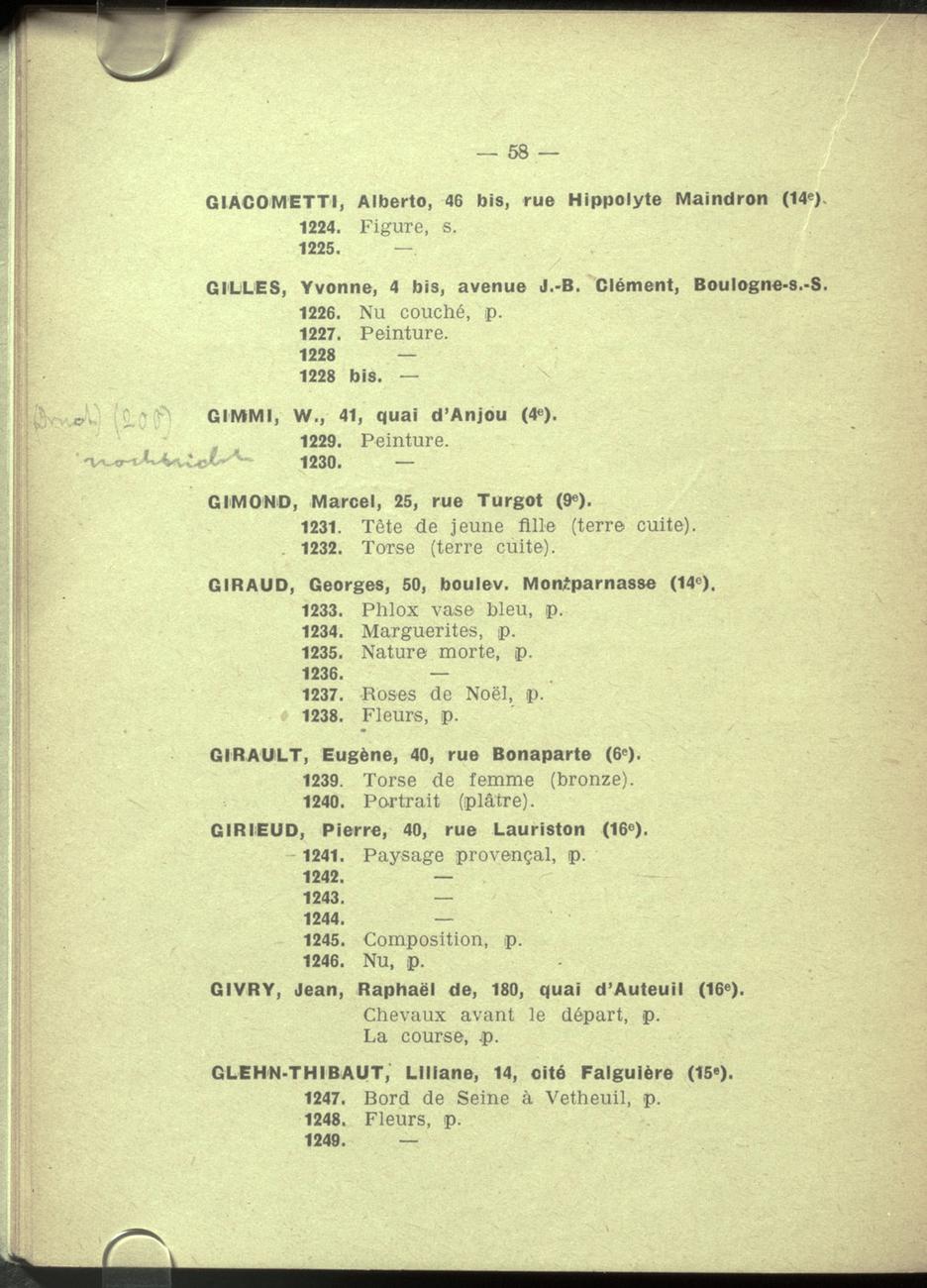 Catalogue Salon des Tuileries 1928 lettre G(Giacometti)