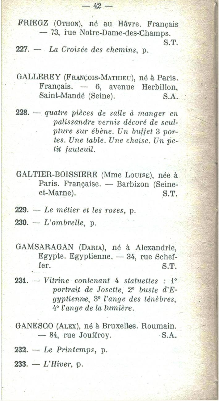 Catalogue de Peinture, sculpture, dessin gravure ... 1940 -2 Lettre G (Gamsaragan)