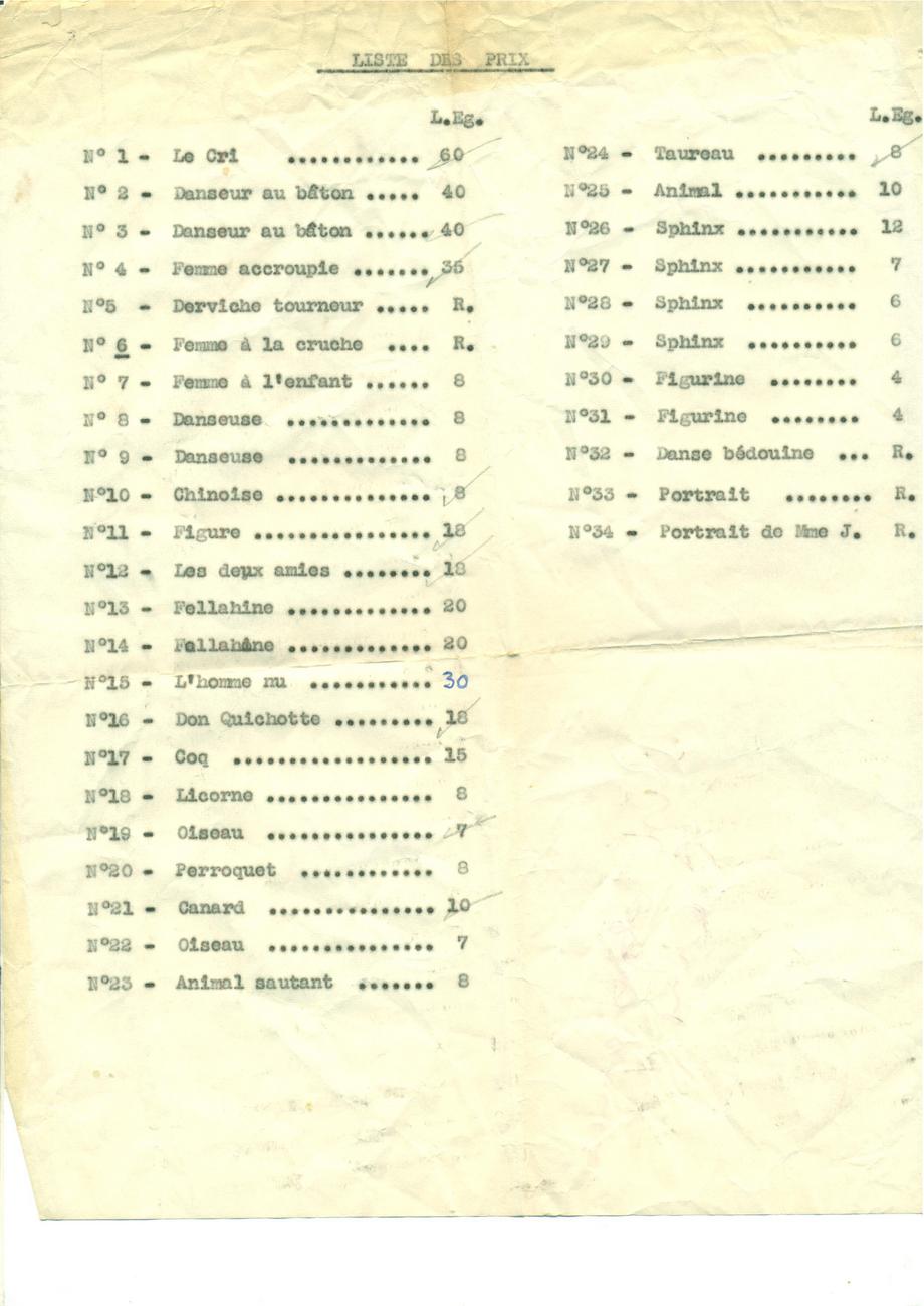 Liste d'objets exposés au Caire (non daté) prix en livre egyptienne