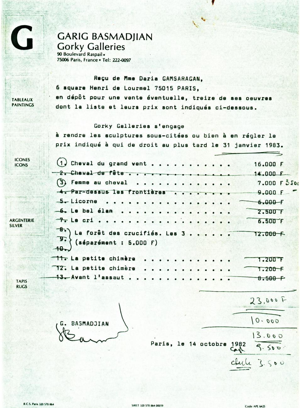 Liste de statues de Daria Gamsaragan exposées à AGBU par Gorky Galleries, 1982