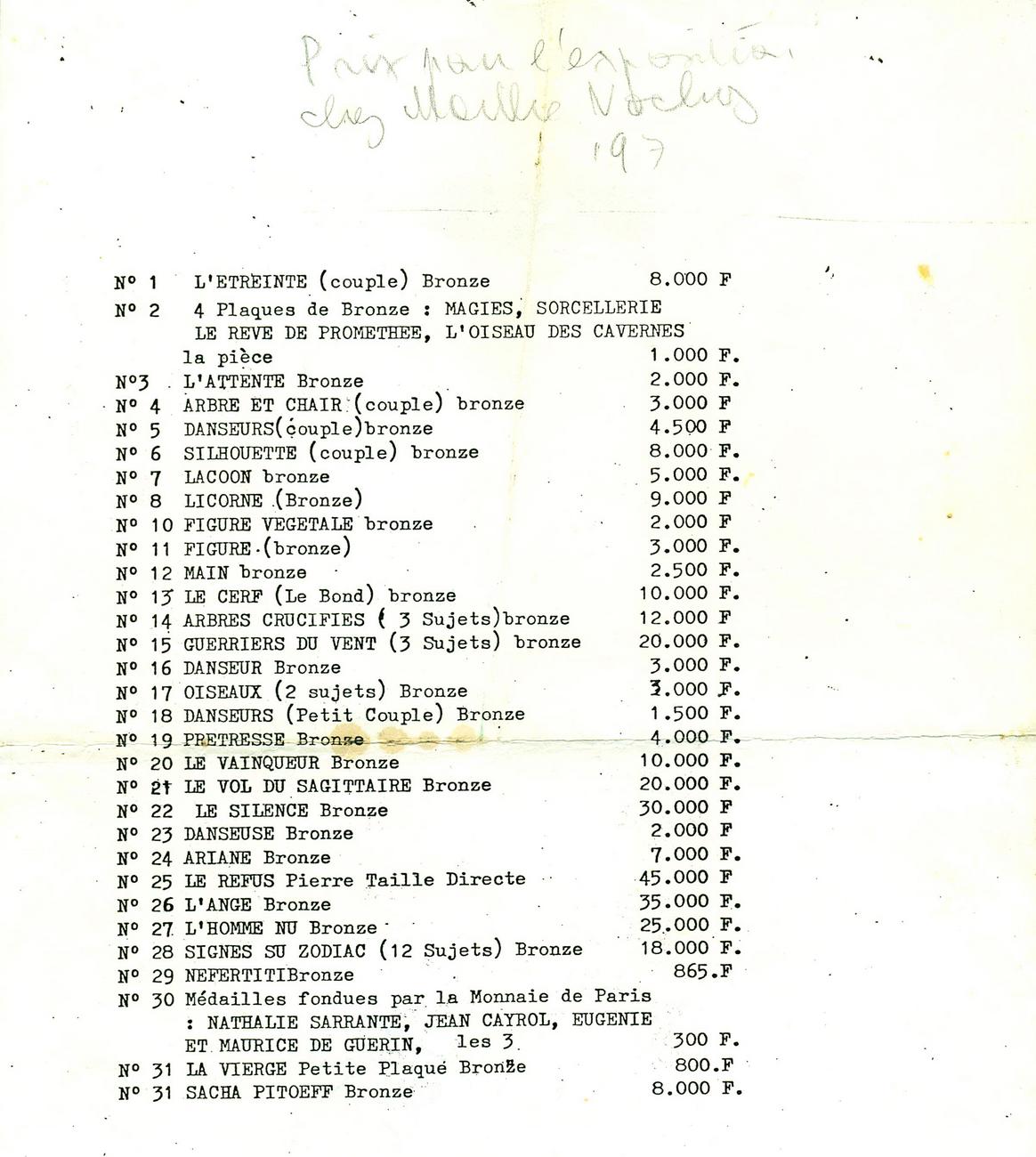 Liste des statues exposées et des prix (chez Marthe Nochy 1970)