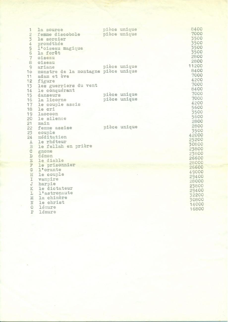 Liste de statues de Daria Gamsaragan avec prix de vente en Francs (non daté)