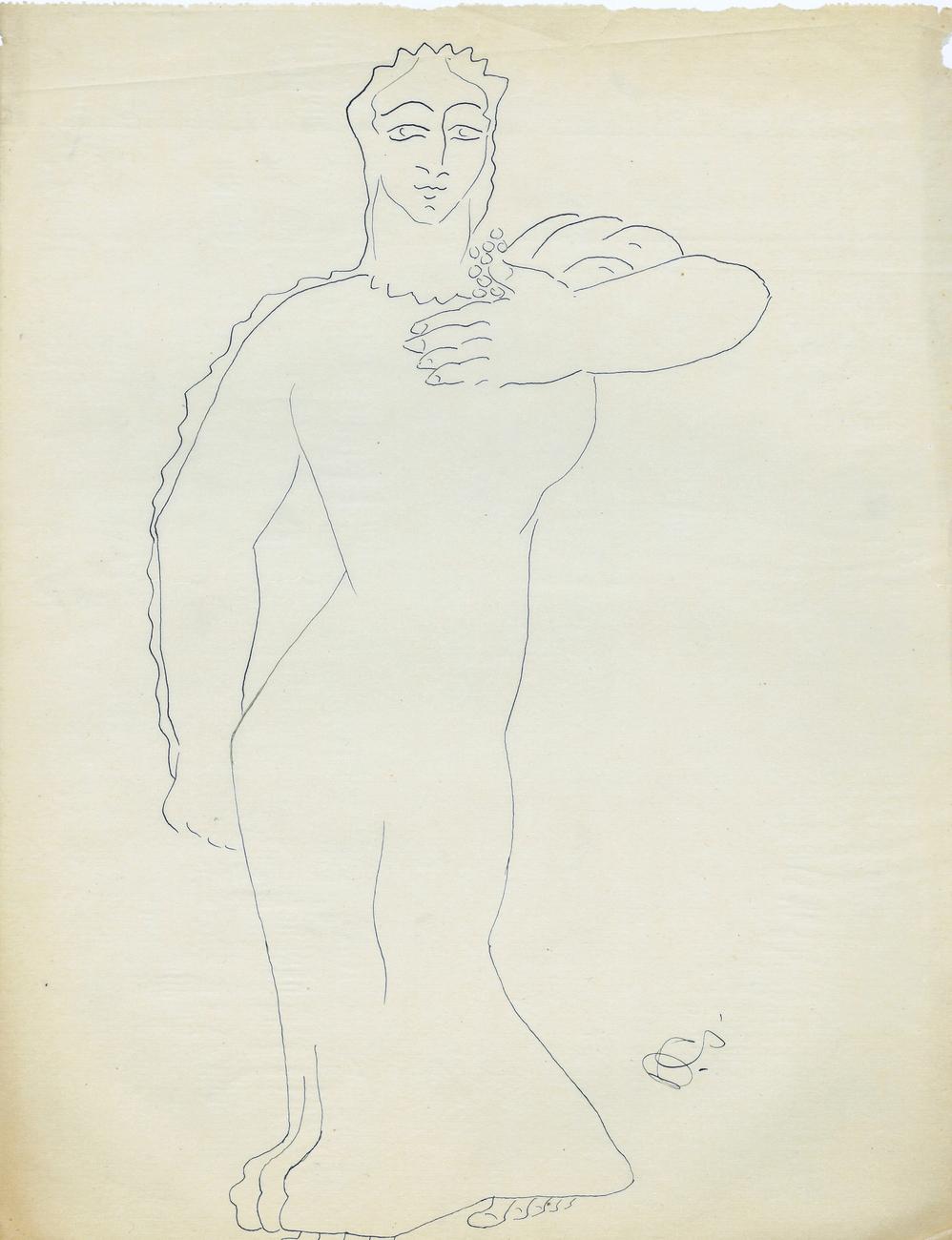 Dessin la porteuse de fruits, corps entier. Calque 24x31 cm 