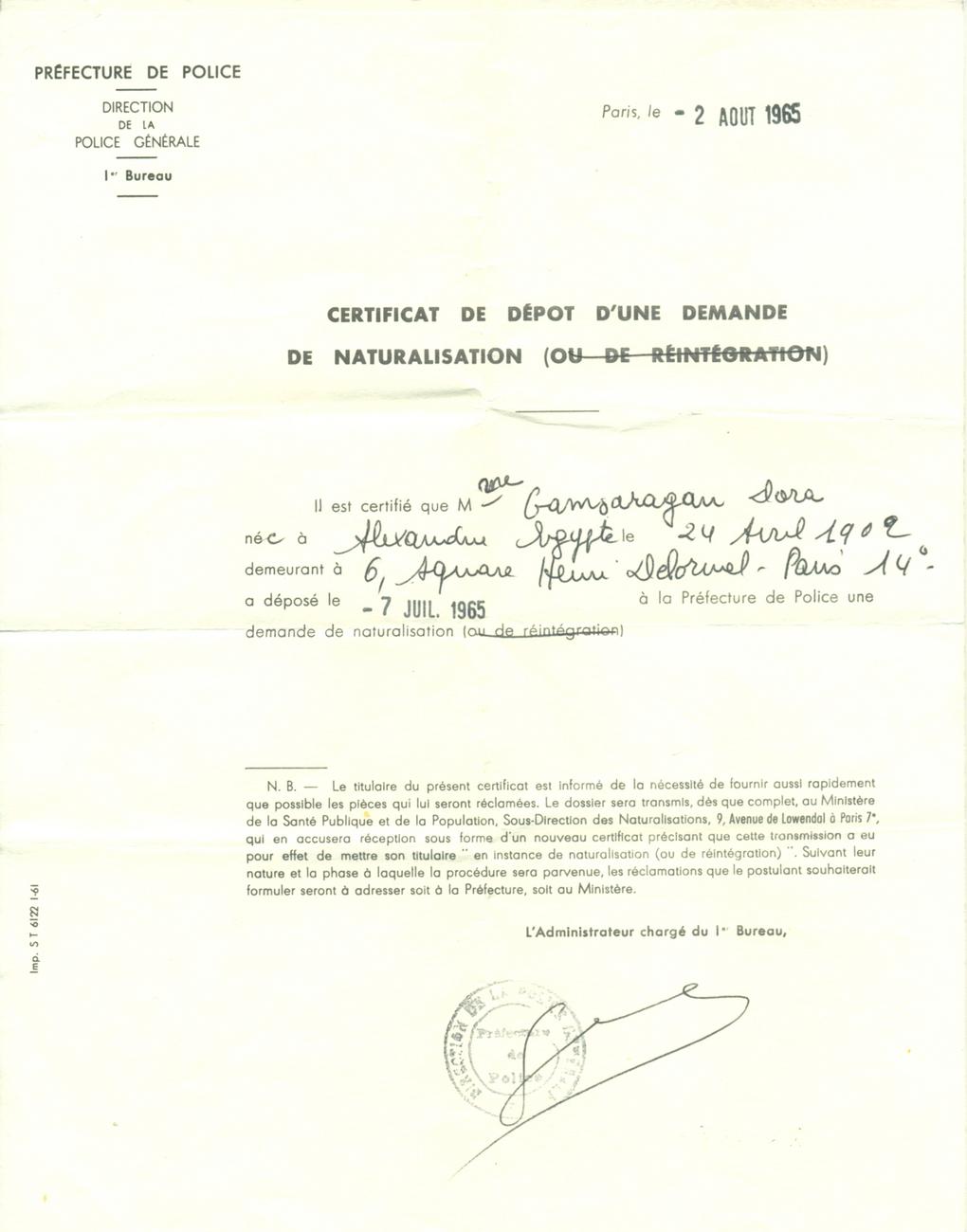 1. Dépot de demande de naturalisation