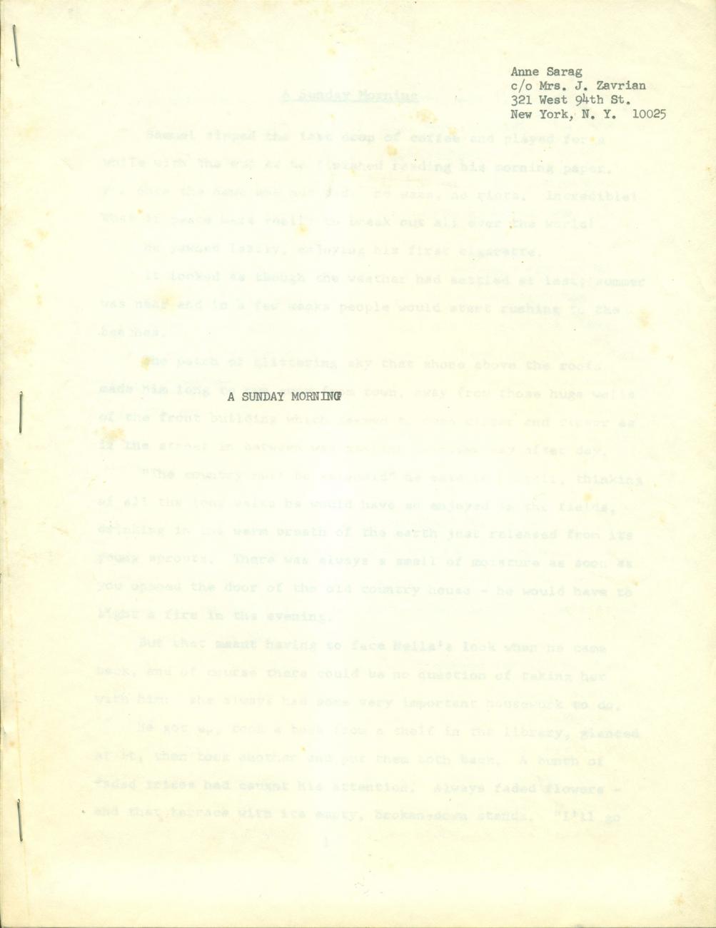 A sunday morning (en anglais) couverture, 14 pages dactylographiées