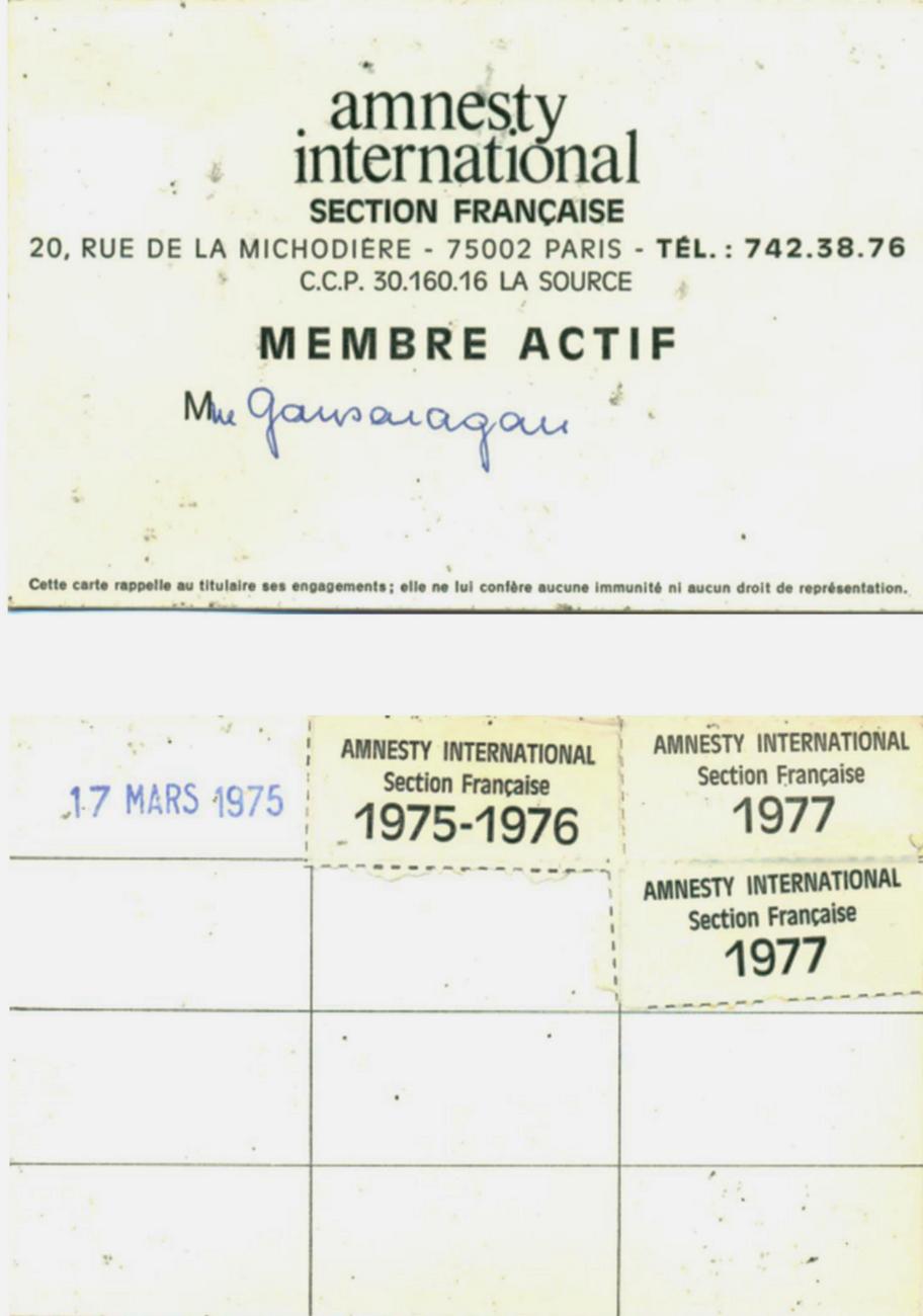 Amnesty international Carte de Membre actif 1975-1977