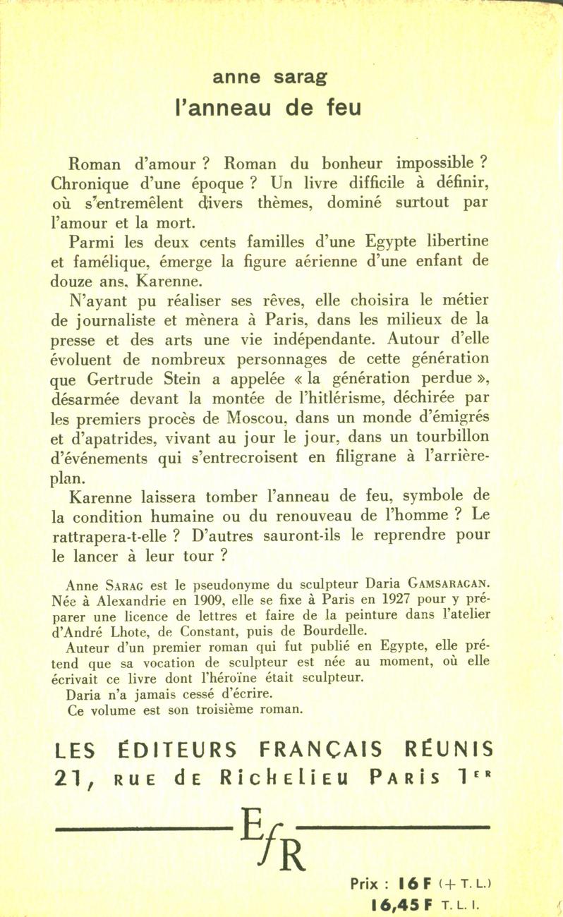 Anne Sarag, L'anneau de feu, roman couverture 2