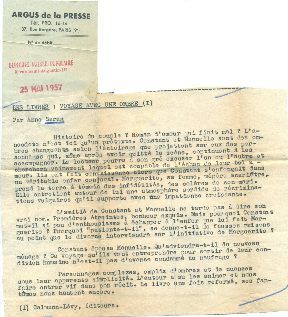 Critique Depêches-presse populaire Mai 1957