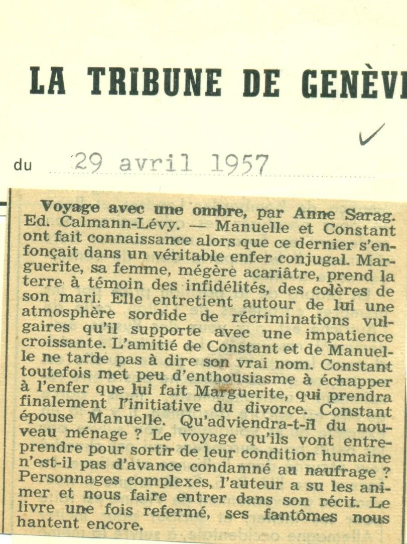Critique La Tribune de Genève, Avril 1957