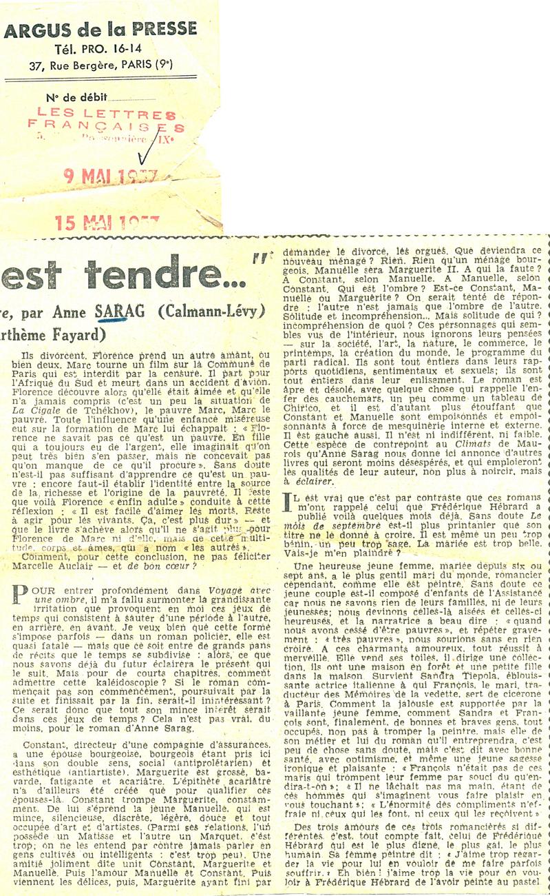 Critique Les Lettres Françaises 15 Mai 1957