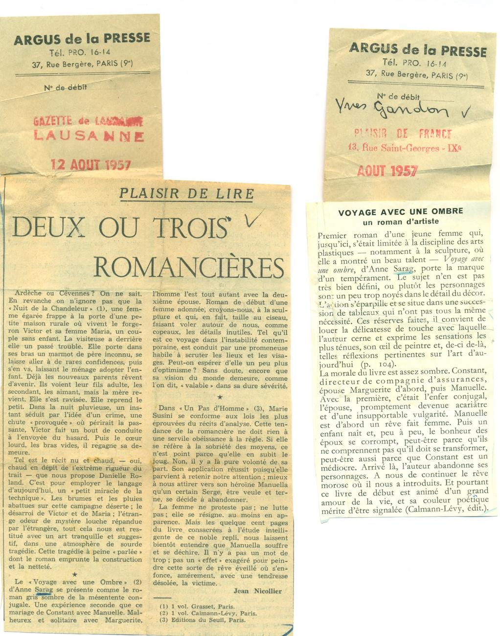 Deux critiques, Gazette Lausanne Août 1957 et Plaisir de France, Août 1957