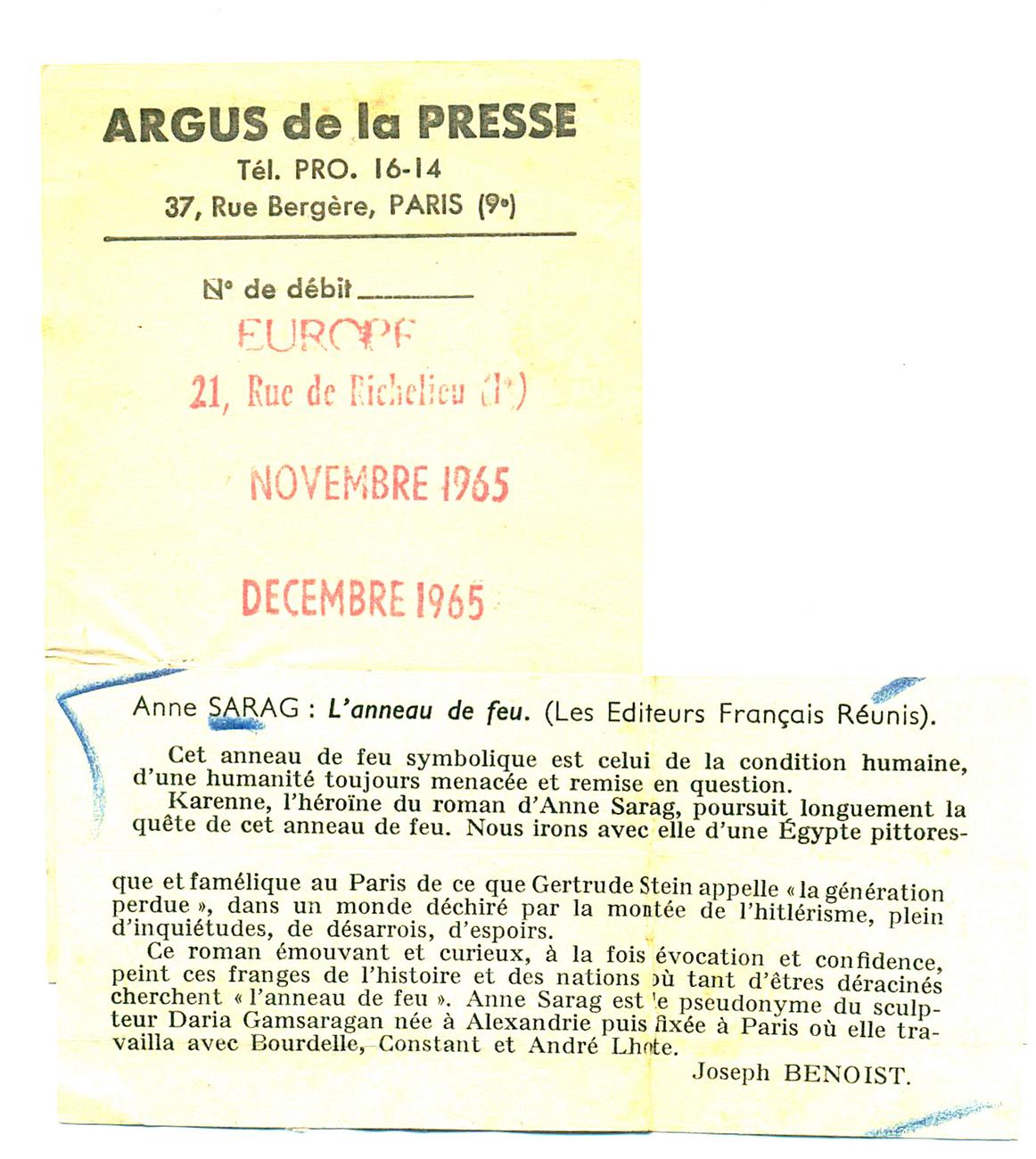 L'anneau de feu dans Europe, Novembre Décembre 1965 par Joseph Benoist