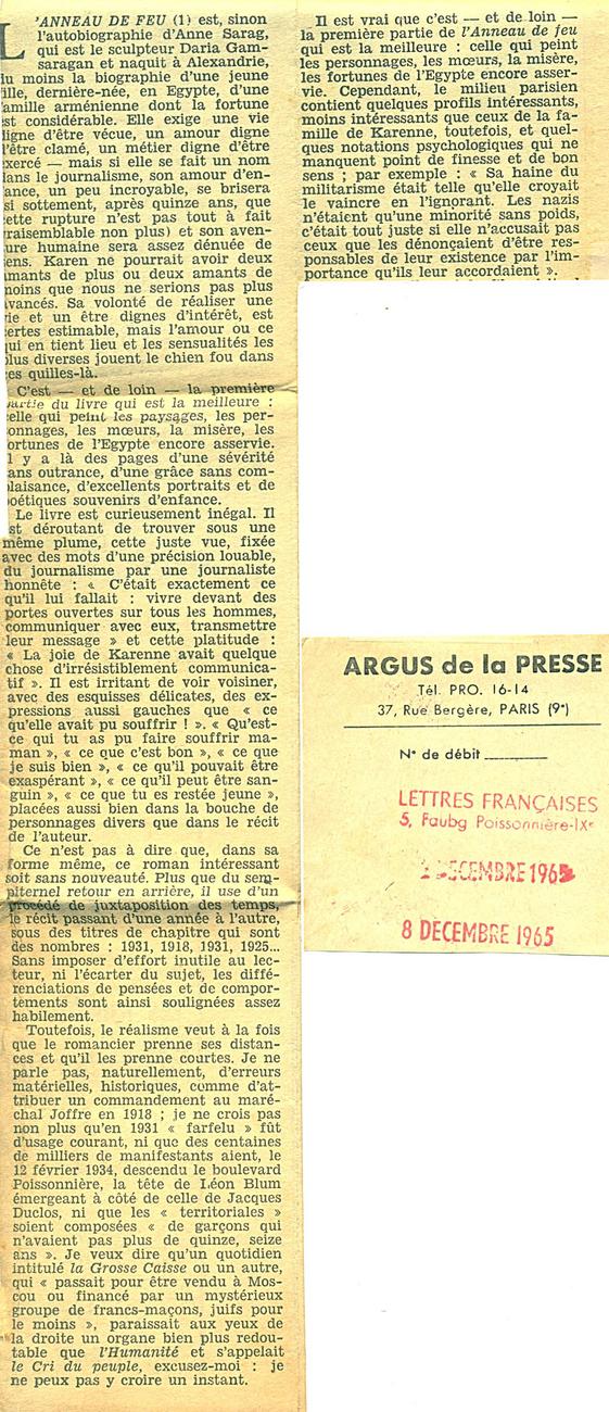 L'anneau de feu dans le Feuilleton littéraire d'André Wurmser, Lettres Françaises, 8 décemebre 1965