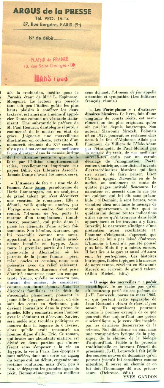 L'anneau de feu par Yves Gandon dans Plaisir de France Mars 1966_