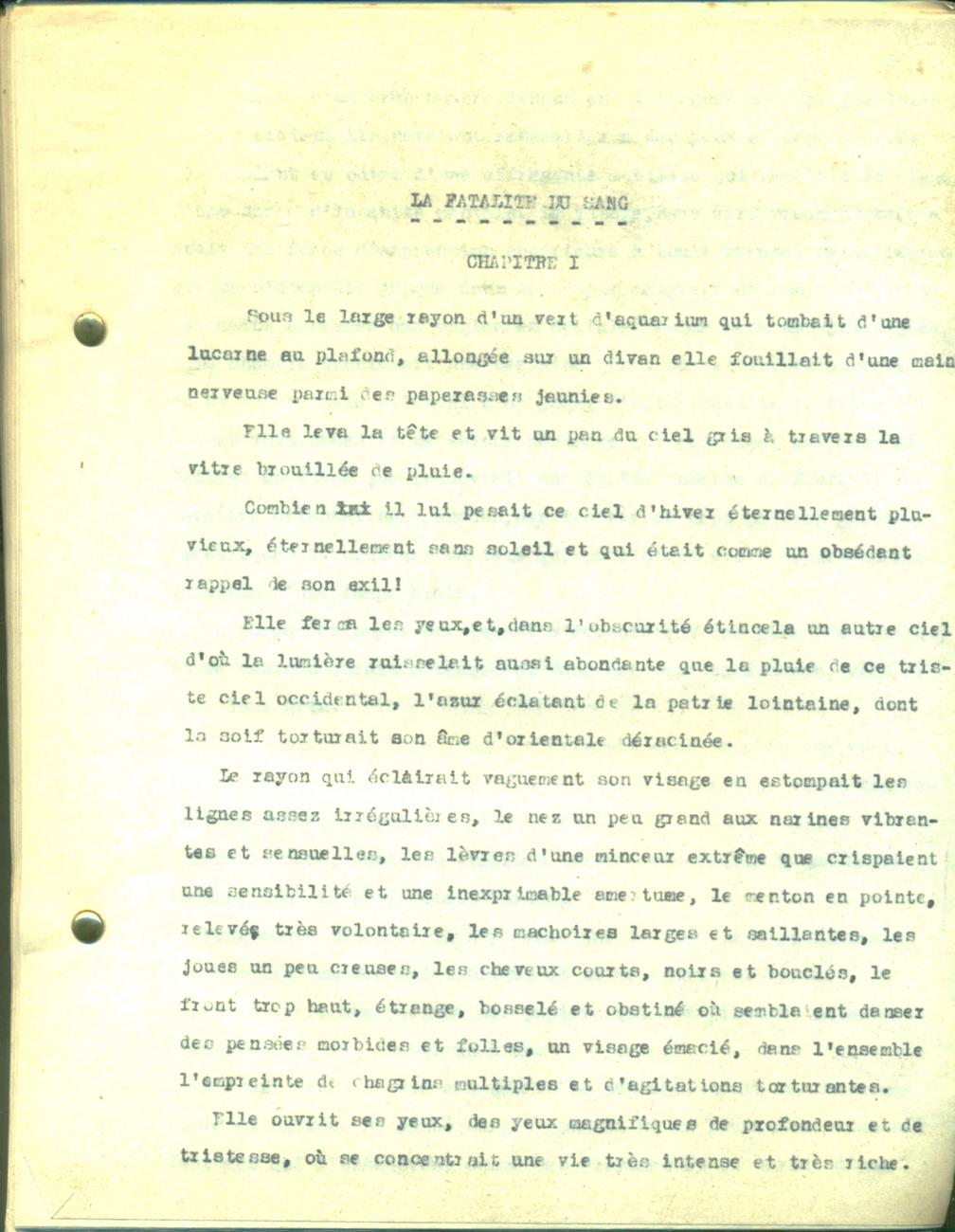 La fatalité du sang 1920, Couverture (182 pages, dactylographiées, dossier complet)