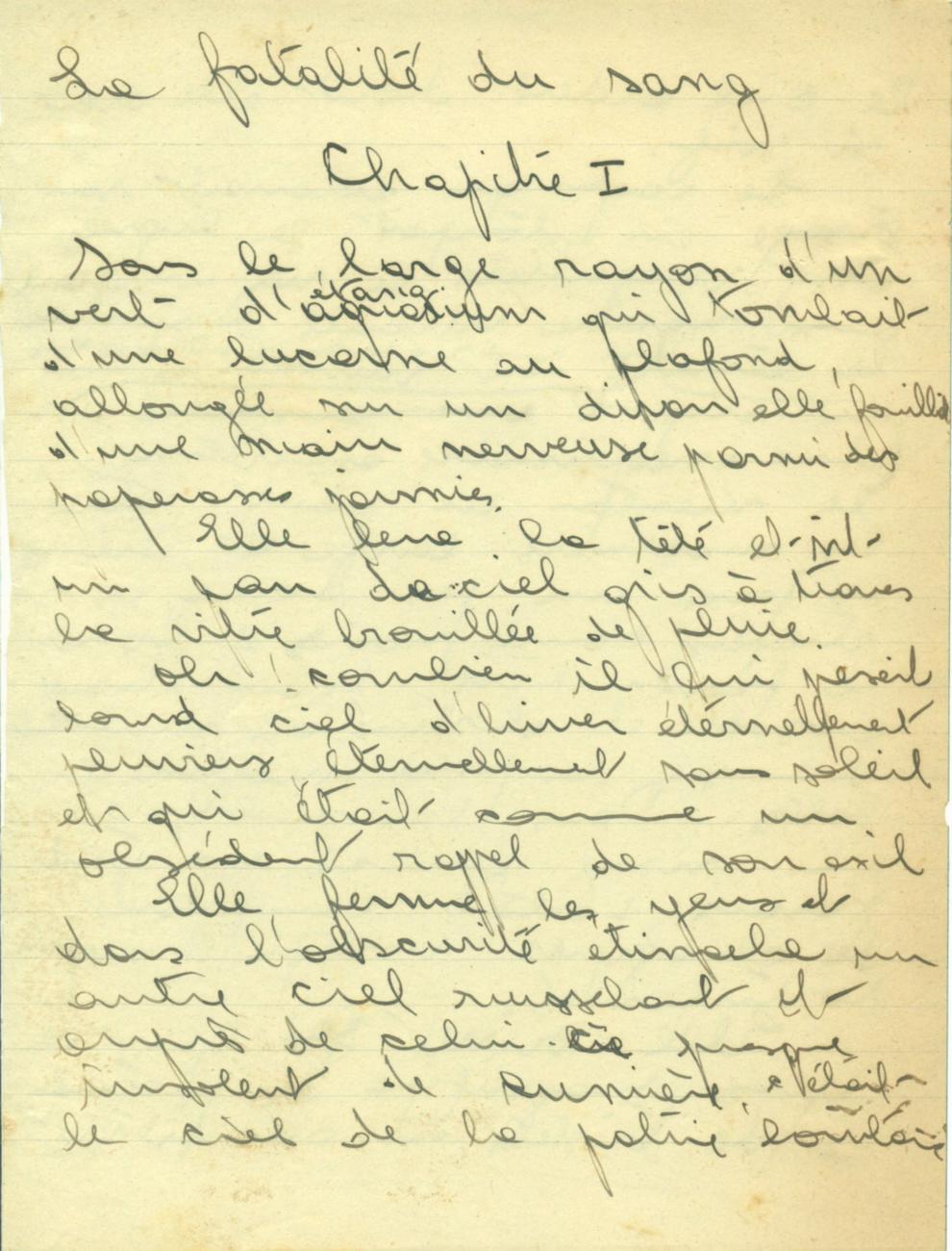 La fatalité du sang, une page manuscrite