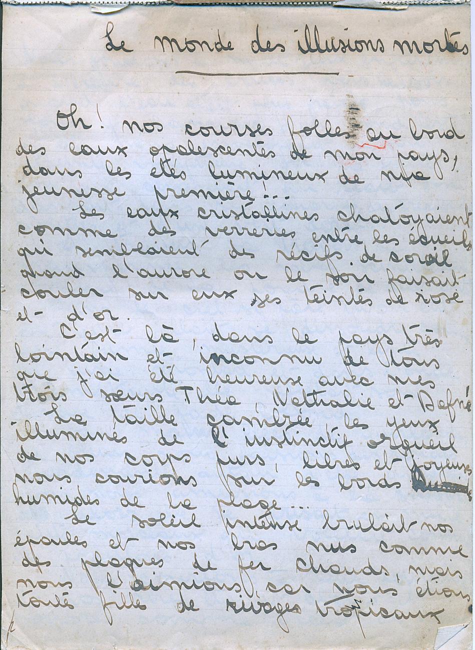 Le monde des illusions mortes, carnet manuscrit, 7 pages écrites manuellement