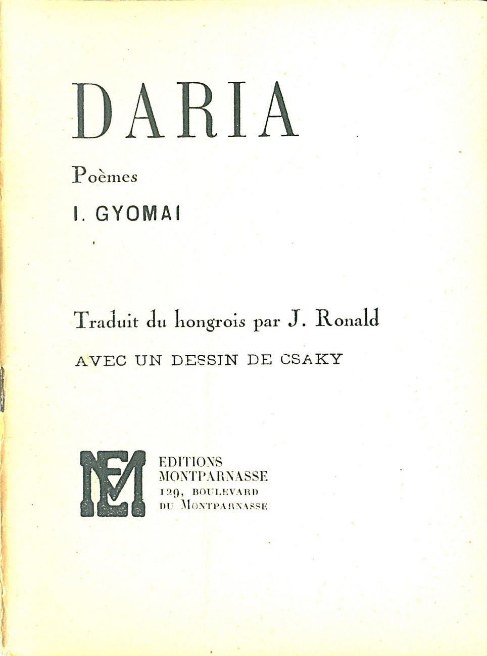 Poèmes pour Daria par I. Gyomaï Edition Montparnasse 1927, 17 pages