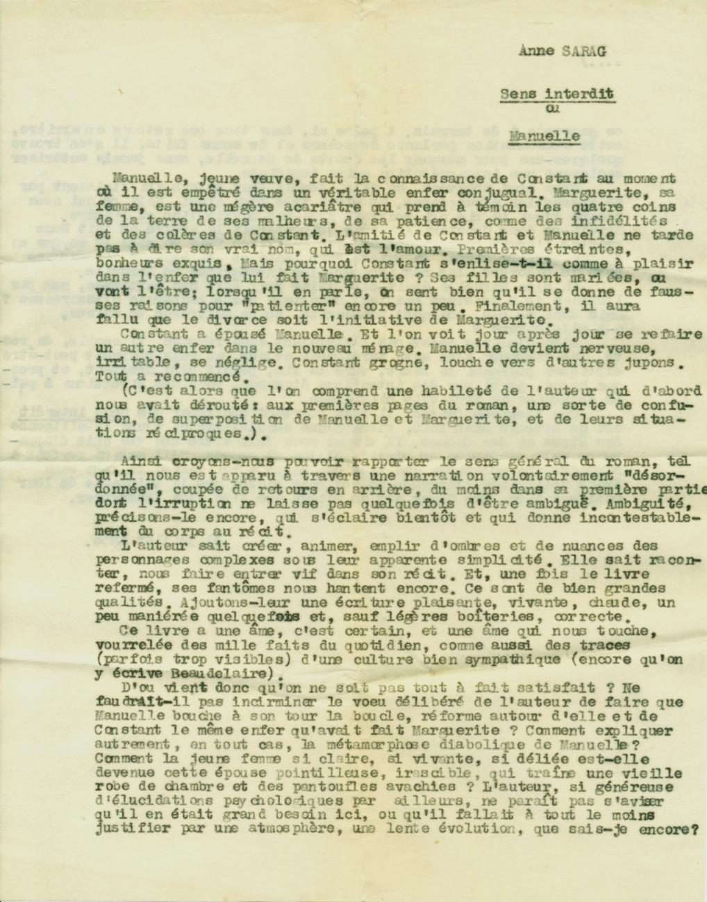 Sens interdit ou Manuelle (premier titre de Voyage avec une ombre, analyse de Calmann-Levy)