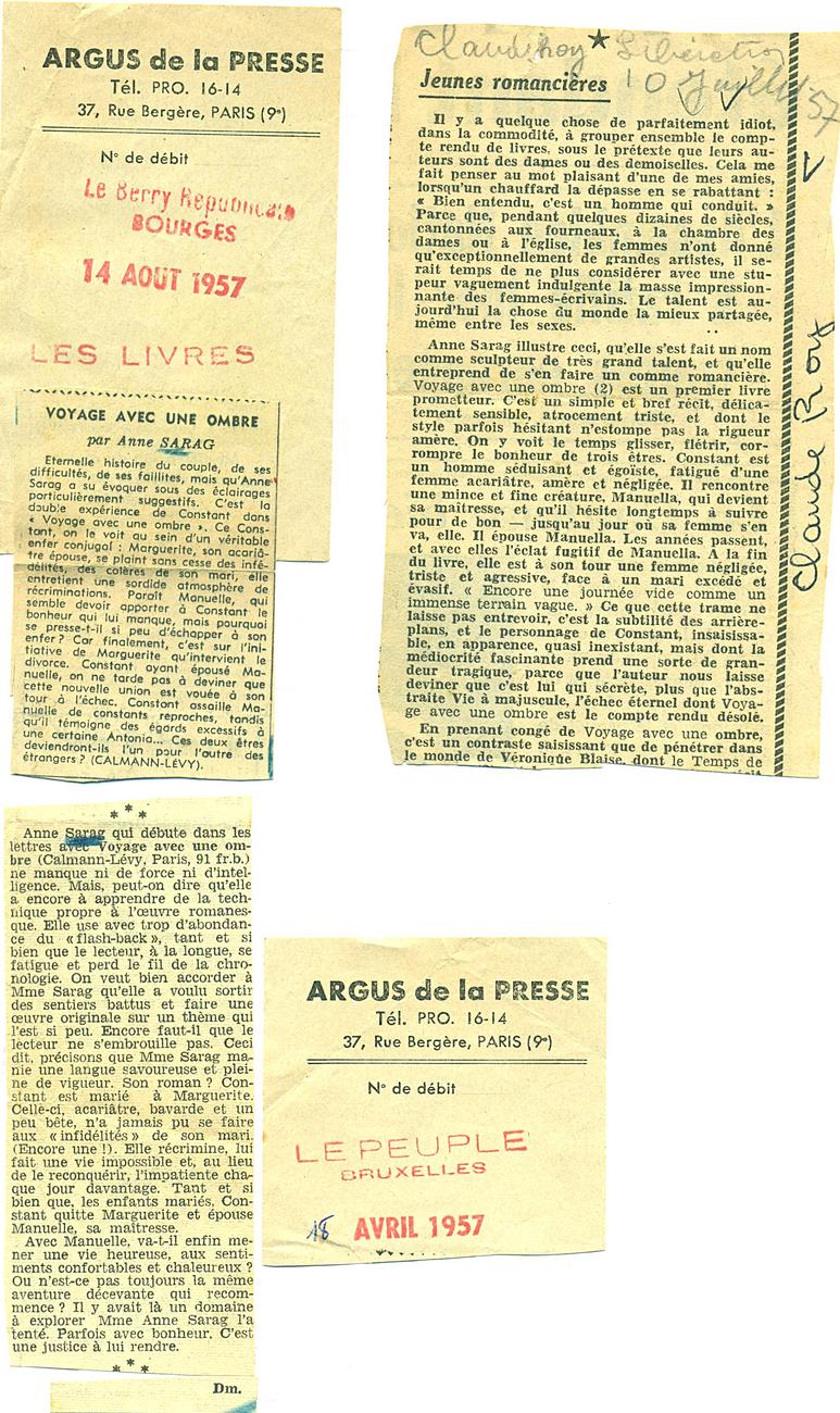 Trois critiques Le Berry républicain Bourges Octobre 1957, Le Peuple Bruxelles Avril 1957, Libération Juin 1957 (par Claude...