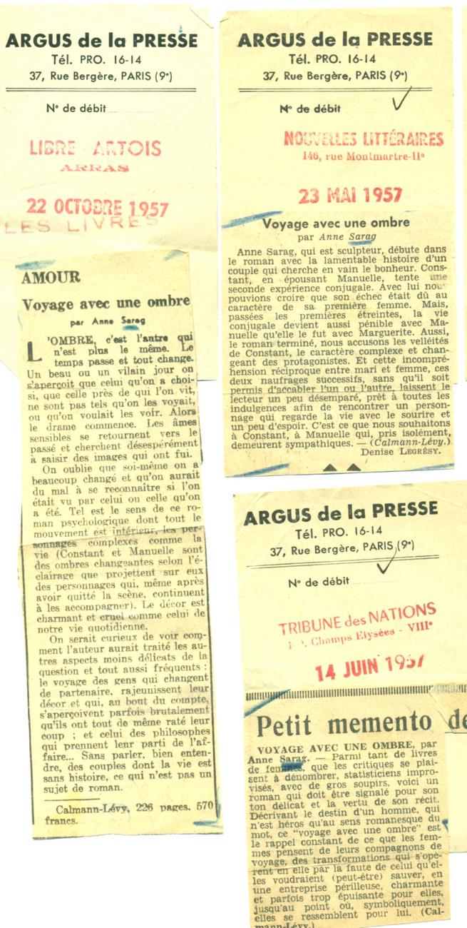 Trois critiques, Libre Artois, Octobre 1957, Les nouvelles littéraires, Mai 1957 et La Tribune de Nations, Juin 1957