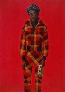 Barkley Hendricks (American, 1945â2017). Blood (Donald Formey), 1975. Oil and acrylic on canvas, 72 x 501/2 in. (182.9 x 128.3 cm). Courtesy of Dr. Kenneth Montague | The Wedge Collection, Toronto. Â© Estate of Barkley L. Hendricks. Courtesy of the artistâs estate and Jack Shainman Gallery, New York. (Photo: Jonathan Dorado, Brooklyn Museum)