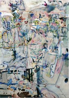 Mikaël MONCHICOURT, Système #2, 2022 Encre, peinture à l’huile, Rhodoïd imprimé et résine sur aluminium, 200 × 142 cm)