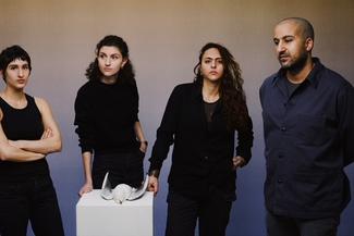 De gauche à droite : Garance Früh, Clédia Fourniau, Aïcha Snoussi et Majd Abdel Hamid ©Axle Jozeph / Reiffers Art Initiatives. Sur cette photo, Alex Ayed est absent, son travail est symbolisé par son oeuvre Untitled (Seagull), 2023, Taxidermied seagull 37x25x10 cm (14 5/8 x 9 7/8 x 4 in)