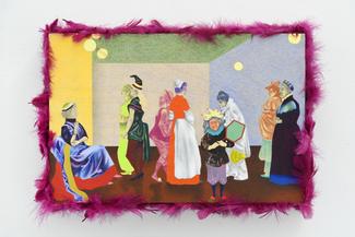 Nina Tomàs, Le Bal des Folles, 2023, huile, crayons de couleur, graphite, feuille d’or et plumes sur bois