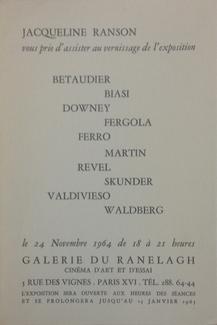 Exposition organisée par Jacqueline Ranson à la galerie Ranelagh, cinéma d'art et d'essai