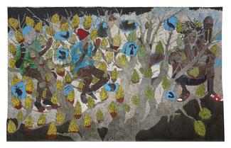 Omar Ba, Arbre, 2024, acrylique, encre, huile, stylo, typex et crayon sur toile, 250 × 400 cm © Annik Wetter