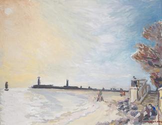 Nikolaï Kouzmine, né en 1938, Voile, phares et quai de Grau d'Agde. Huile sur toile. h. 50 x l. 65 cm. 2024