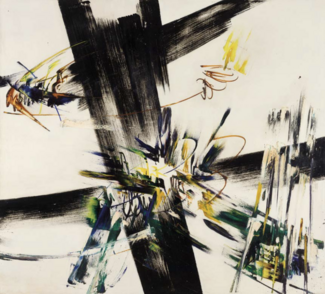 L’œuvre est dominée par de larges coups de pinceau noirs disposés en diagonale, créant une structure en forme de croix ou de treillis sur un fond blanc. Ces gestes sont dynamiques et puissants, évoquant une énergie brute. Autour et à travers ces traces sombres, des éclats de couleurs — jaune, vert, bleu et orange — apparaissent sous forme de lignes sinueuses, de gribouillis et de petites éclaboussures. Ces éléments colorés semblent exploser du centre de la composition, ajoutant un contraste vibrant et une i