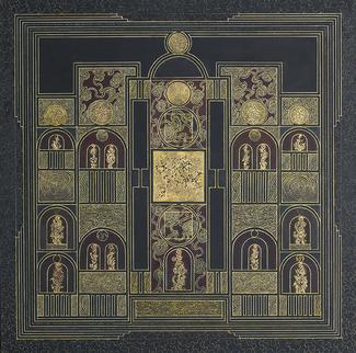 pastel , encre et feuille d'or sur papier marouflé sur bois