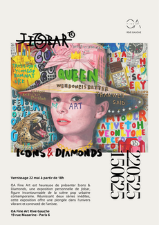 Découvrez l'affiche officielle de l'exposition "Icons & Diamonds" de Jisbar à la Galerie OA Fine Art Rive Gauche