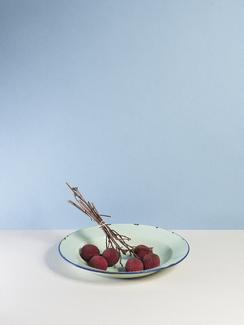 Tingting, Pale green plate and litchi, 2018.