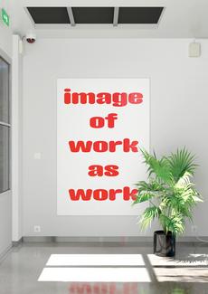 image de la maba retravailler par l'artiste Christophe Gaudard. Cette image montre un des couloir de la MABA modifier. L'artiste a rendu les murs d'un blanc presque eclatant. Il y a egalement agouter une plante et une affiche blanche avec ecrit en rouge " images of work as work". 