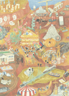 Oeuvre colorée et surréaliste représentant une scène chaotique remplie d’objets géants, de foules, de monuments, d’animaux et de symboles variés.